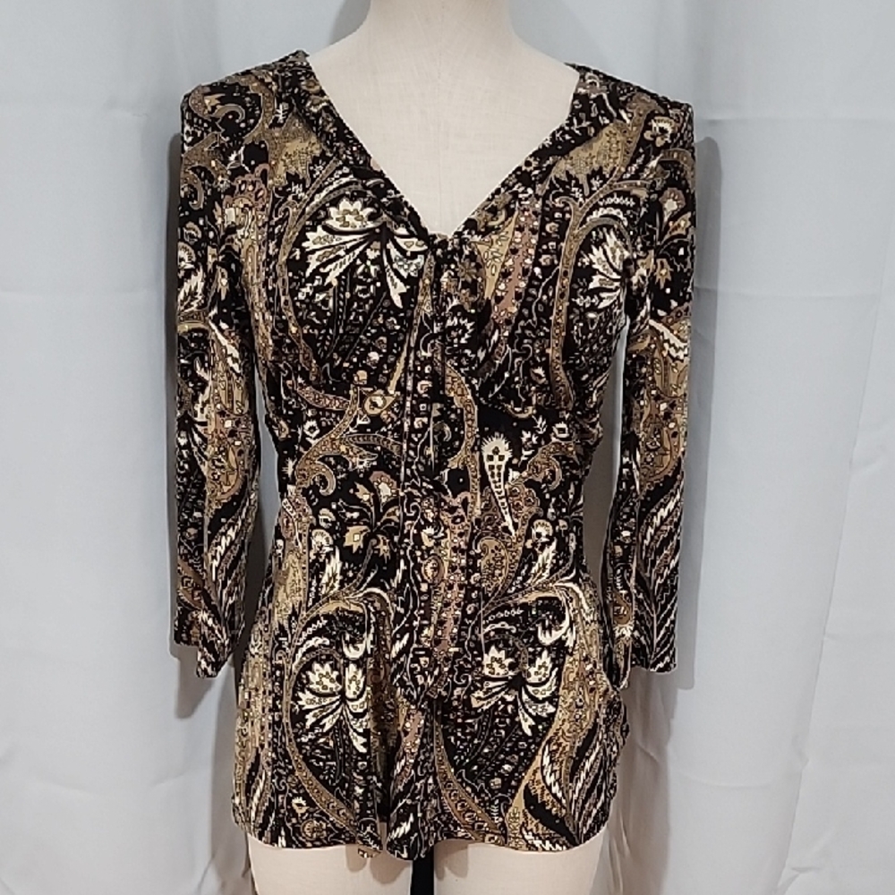 INC International Concepts Black and Gold Patterned Blouse
